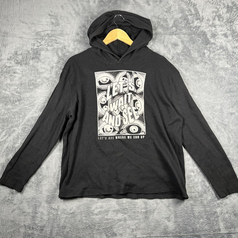 4th Dimension Pullover Hoodie Large Black Let's Wait And See Graphic Waffle Knit